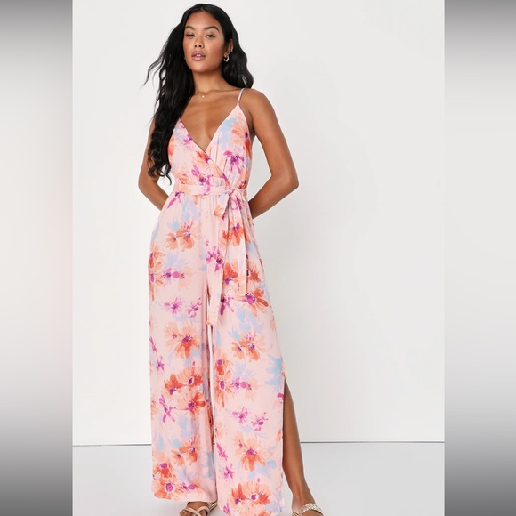 Blush Pink Floral Print Wide Leg Jumpsuit - Picture 1 of 4